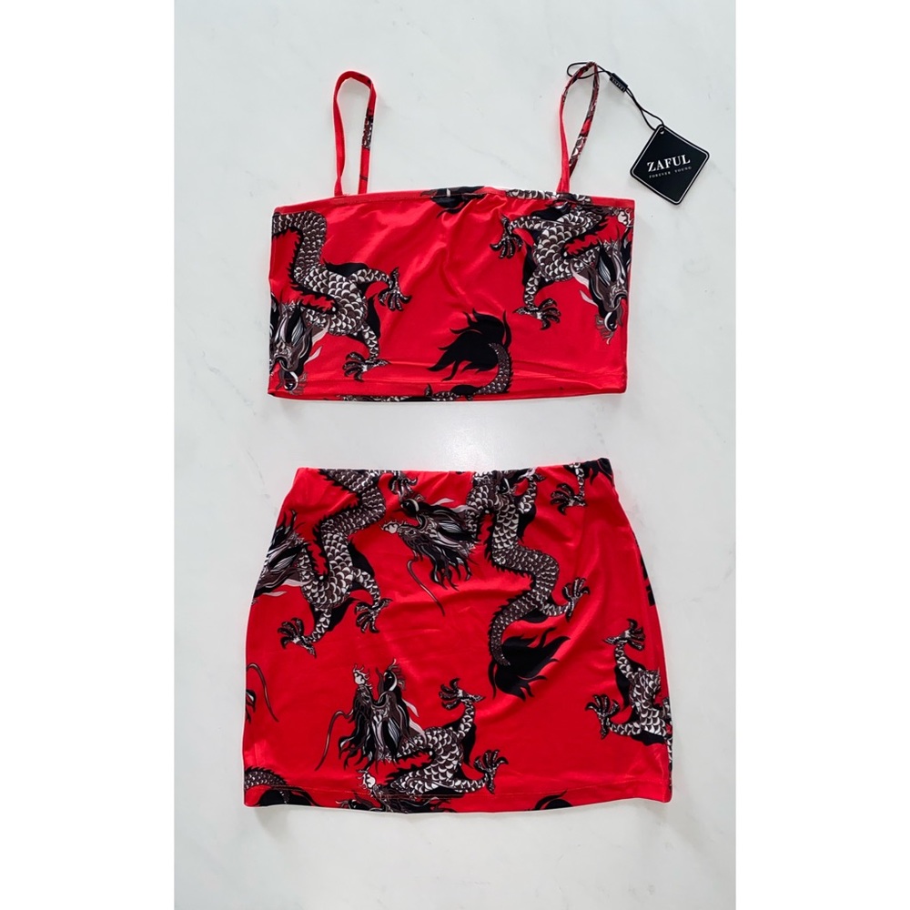 Zaful Dragon Print Set Red Black Mini Skirt Tank Top